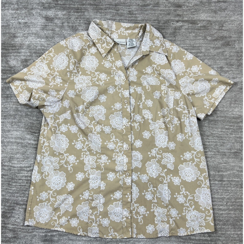 White Stag Button Down Shirt Womens 1X Tan Floral Short Sleeve Collared W5715130
